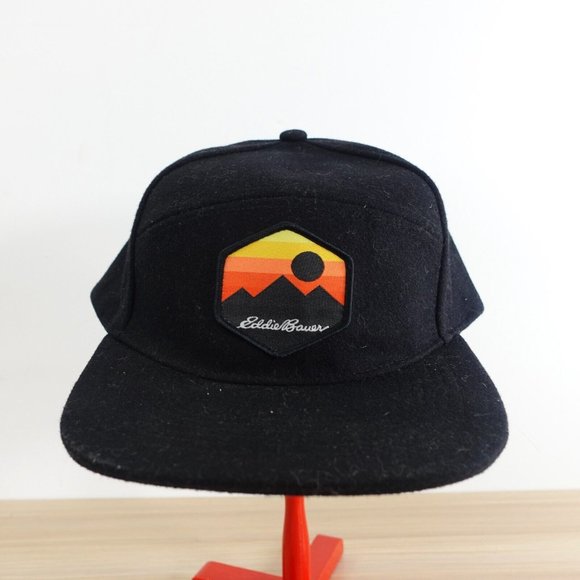 Eddie Bauer Cap Black Baseball Wool Hiking Graphic Snapback 5 Panel Hat Sunrise - Picture 3 of 10